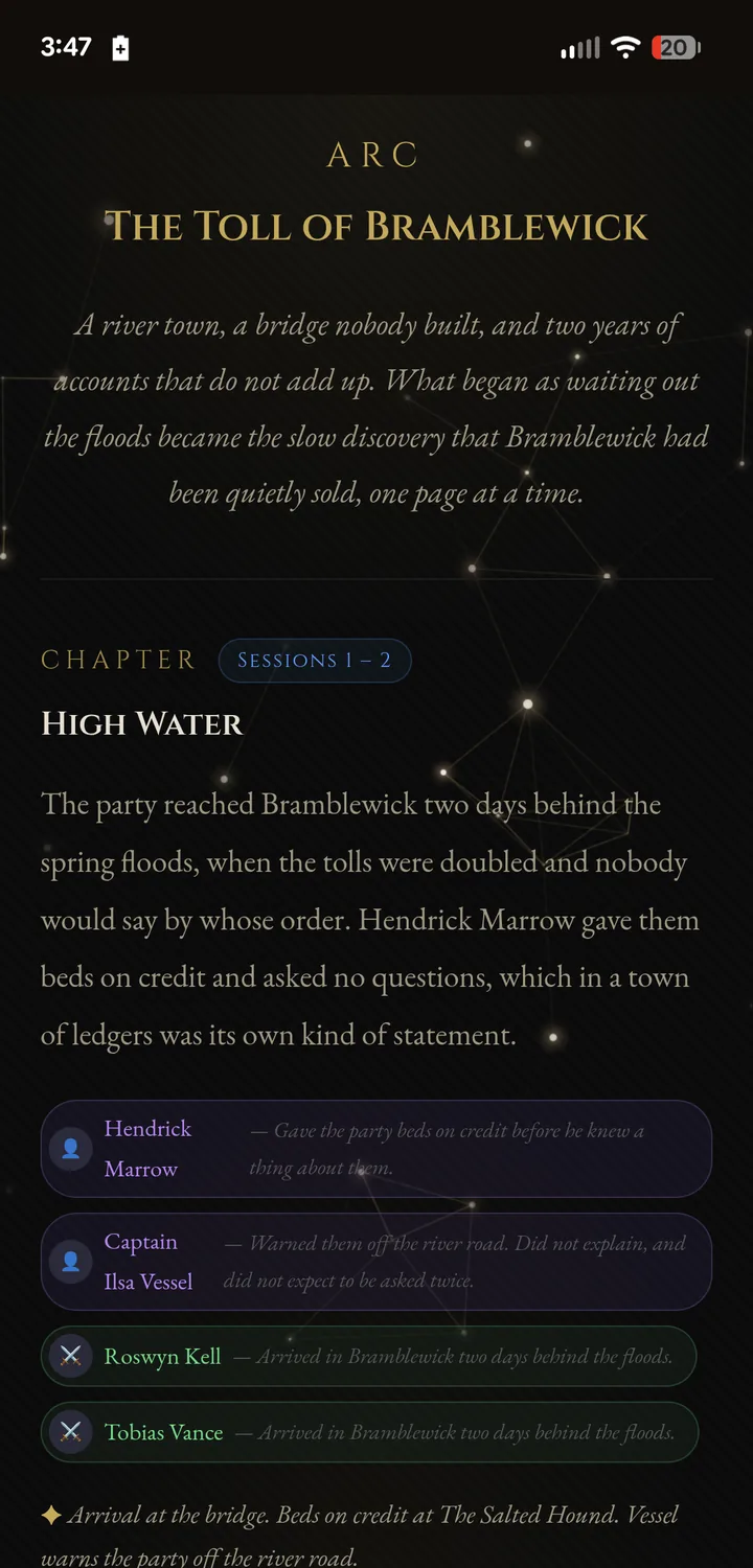 A campaign chronicle showing an arc title, a chapter, and the NPCs and heroes tied to it
