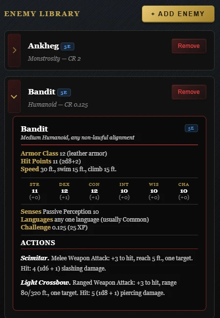 A campaign enemy library in the DM portal, one creature expanded to show its full stat block: armor class, hit points, speed, the six ability scores, senses, languages, challenge rating and both of its actions written out.