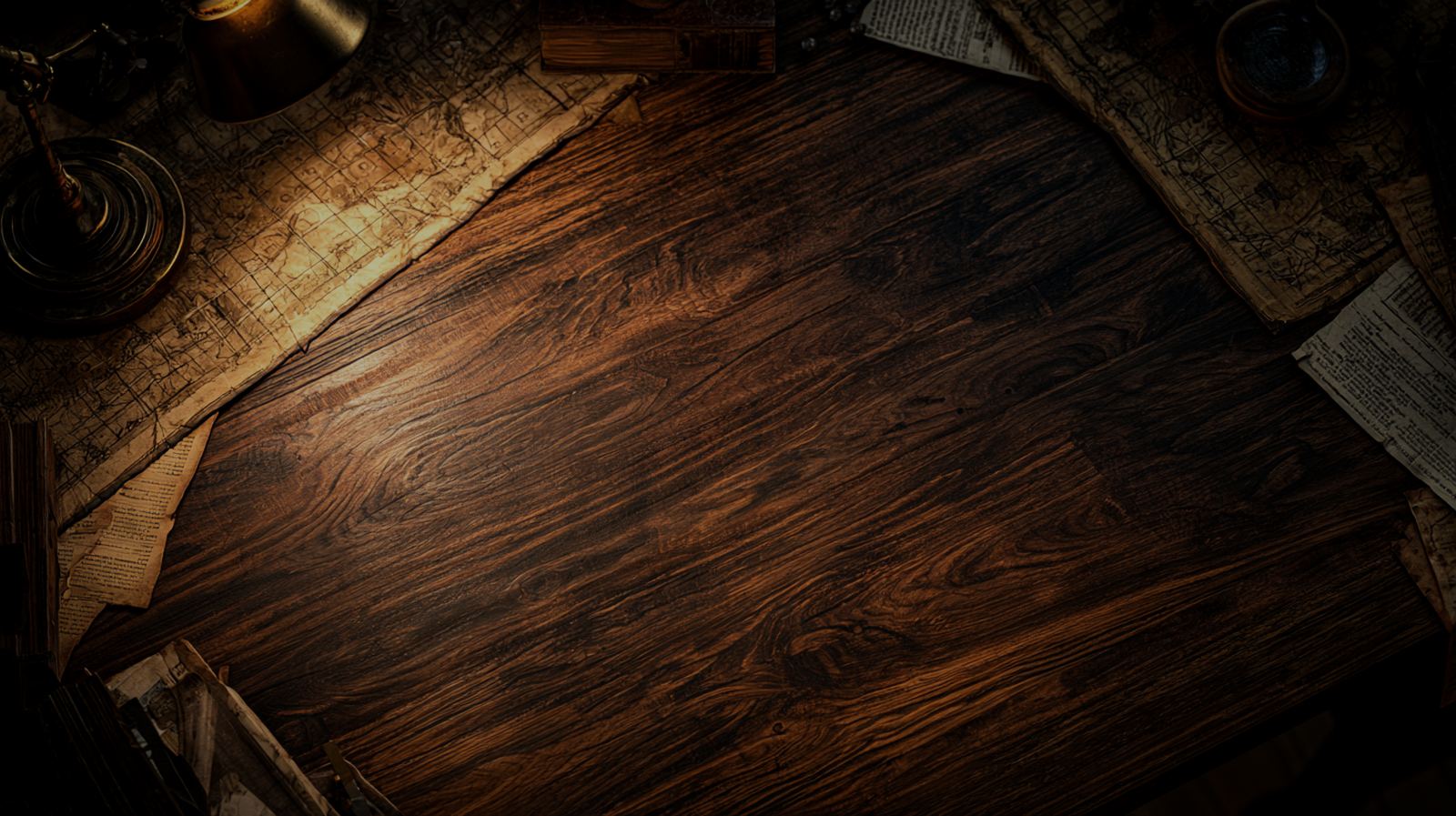 A dark wooden gaming table lit low, grain running across the frame.
