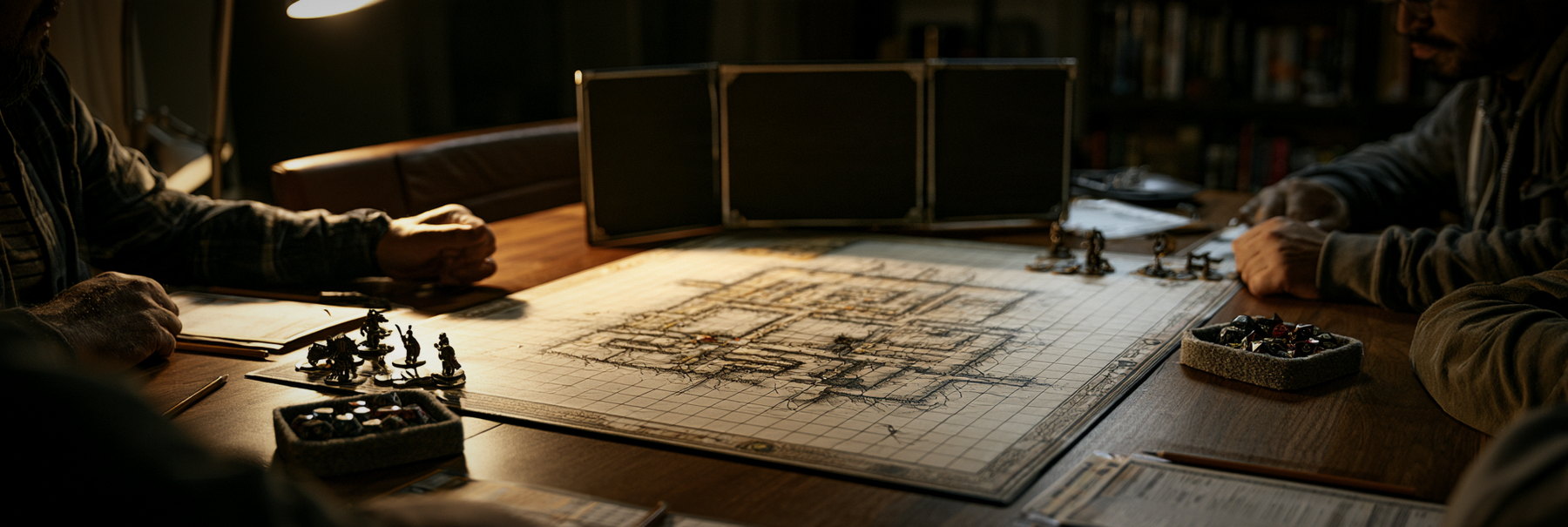 Two players sat at a lamplit table with a battle map, miniatures and dice trays, a screen standing between them.