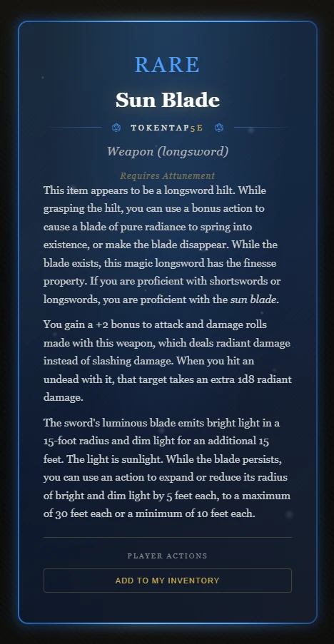 A Rare magic item reveal on a phone: Sun Blade, a blue metal card with its full description and an add to inventory button.